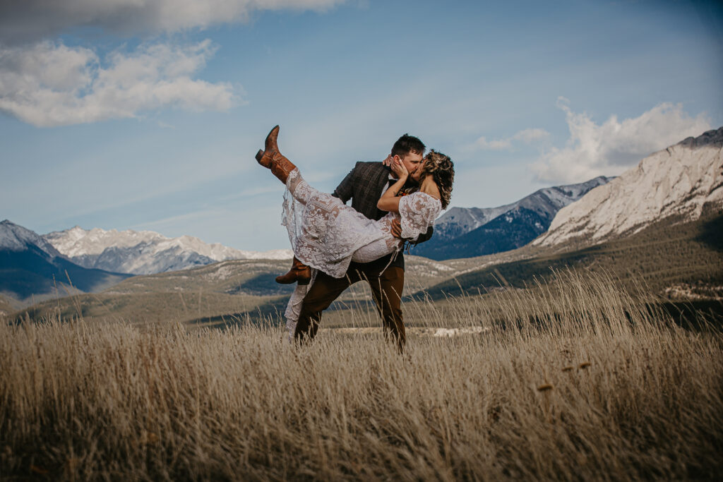 A romantic and intimate bride and groom photo at the Canadian Rockies