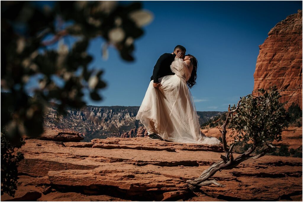A romantic and intimate bride and groom photo in Sedona