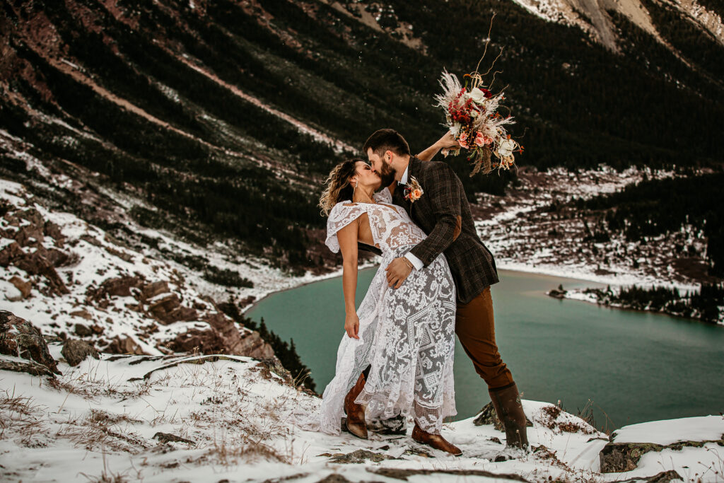 Romantic bride and groom Alberta helicopter elopement portrait