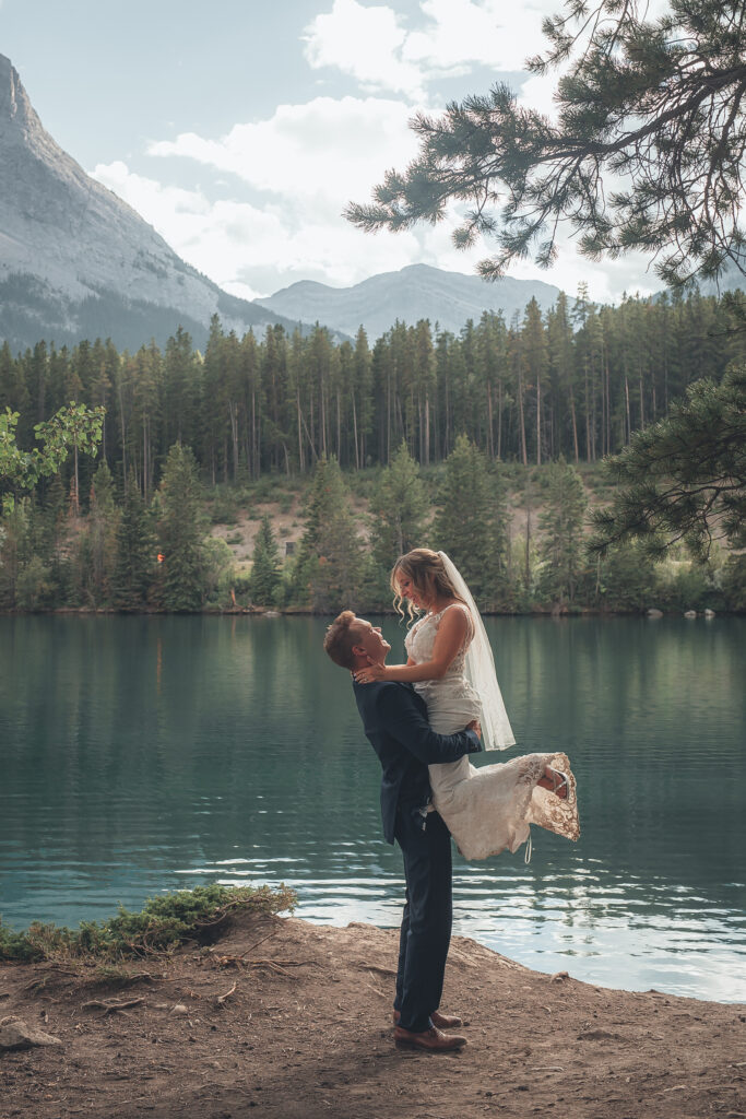 Romantic Alberta hiking elopement wedding portrait