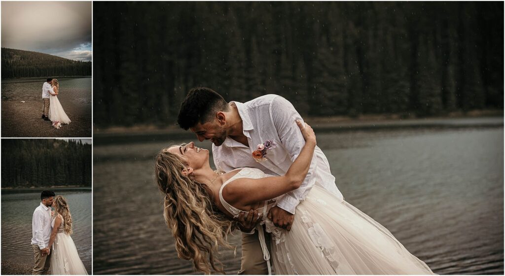 romantic bride and groom by a lake