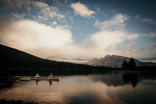 sunset adventure elopement photography, canoe adventure elopement in banff national park