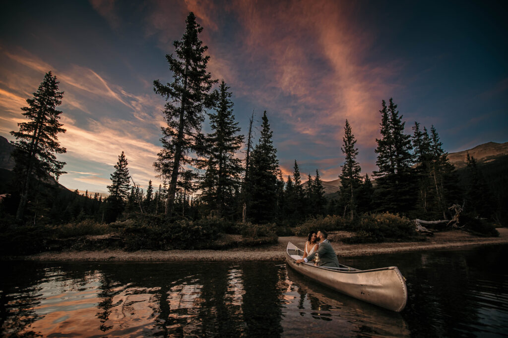 sunset adventure elopement photography, canoe adventure elopement in banff national park