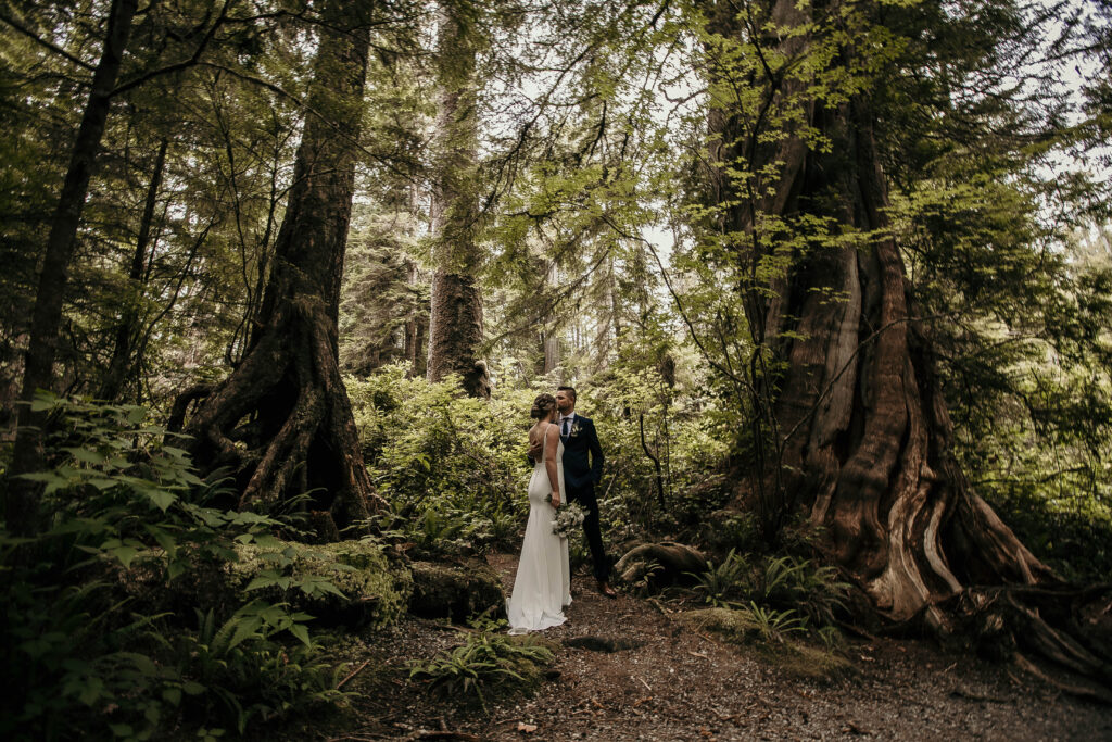Couple walking through lush rainforest during their elopement in Tofino & Ucluelet.
